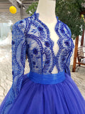 Elegant Blue Tulle Deep V-Neck Long Sleeve Beads Ball Gown Prom Dresses with Lace up PW786