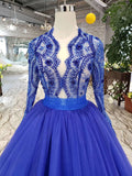 Elegant Blue Tulle Deep V-Neck Long Sleeve Beads Ball Gown Prom Dresses with Lace up PW786
