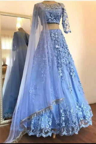 Elegant Blue Two Pieces Lace Appliques Scoop 3/4 Sleeve Long Cheap Prom Dresses P1029
