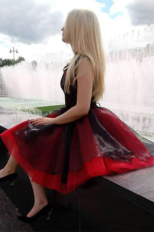 Elegant Cap Sleeve Tulle Black and Red V-Neck Homecoming Dress with Lace up H1253