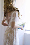 Elegant Lace V-Neck Beach Wedding Dresses Short Sleeve Long Backless Wedding Gowns W1075