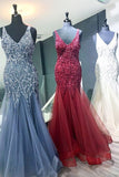 Elegant Mermaid V Neck Straps Tulle Long Prom Dresses Cheap Evening Dresses P1144