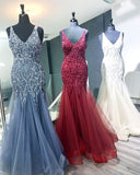 Elegant Mermaid V-Neck Straps Tulle Long Prom Dresses Evening Dresses P1144