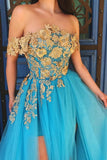 Elegant Off the Shoulder Blue Lace Prom Dresses with Gold Appliques Tulle Party Dresses P1157