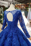 Elegant Royal Blue Long Sleeves Appliques Ball Gown Lace up Puffy Quinceanera Dresses P1136