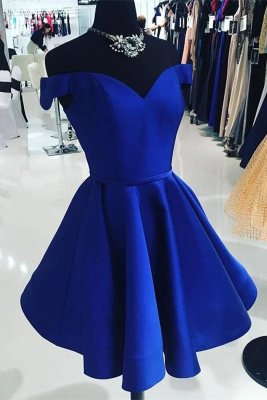 Elegant Satin Off the Shoulder Short Length A line V Neck Blue Homecoming Dresses H1137