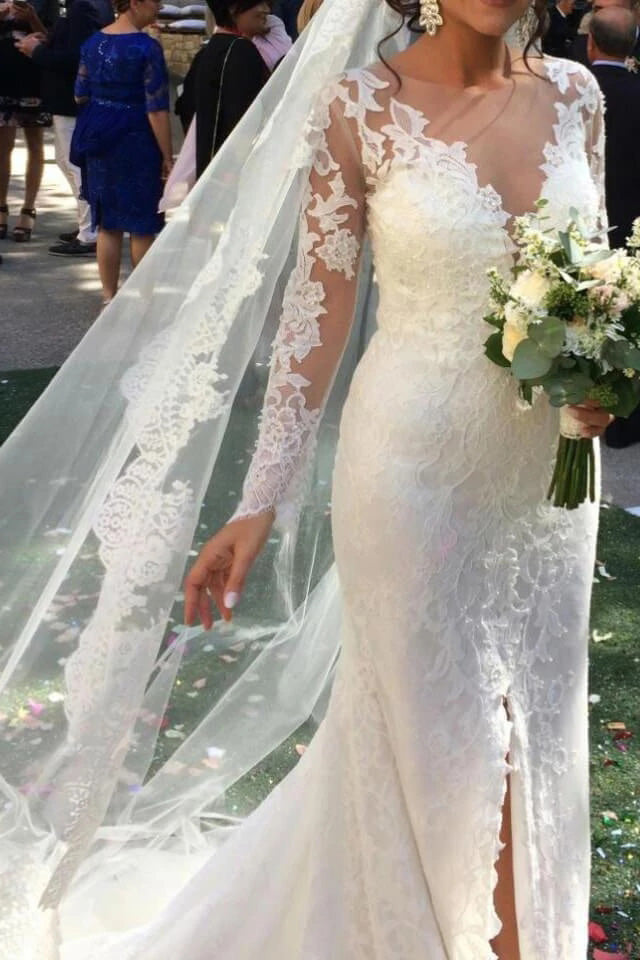 Elegant See Through Long Sleeve Lace Wedding Dresses Mermaid Wedding Dress with Slit W1069