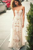 Elegant Spaghetti Straps Tulle Beach Wedding Dress Lace Appliques Bridal Dress PW660