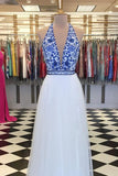 Elegant V Neck Halter White and Blue Embroidery Long Prom Dress with Slit, Formal Dress PW926