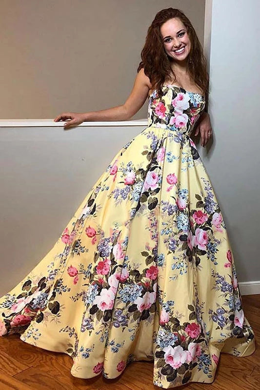 Elegant Yellow Floral Prints Satin Sweetheart Strapless Prom Dresses Long Evening Dresses P1082