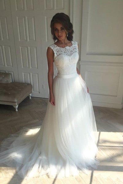 Charming White Tulle Lace Round Neck Wedding Dresses PW153