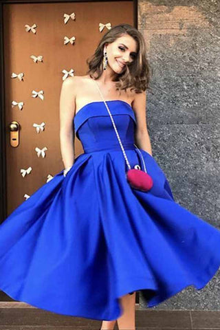Royal Blue Satin Strapless Ball Gowns Tea Length Short Prom Dress,Homecoming Dresses uk PW09