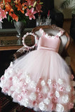 A Line Round Neck Pink Hand Made Flowers Flower Girl Dresses Tulle Wedding Party Dresses FG1016