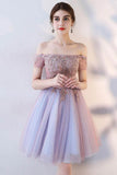 A Line Off the Shoulder Short Sleeve Lace Appliques Tulle Short Homecoming Dresses uk PW02