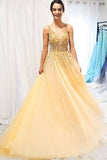 A Line Gold V-Neck Beading Tulle Prom Dress Spaghetti Straps Long Cheap Formal Dress P1340