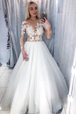Charming Long Sleeve White Tulle Prom Dresses with Appliques, Long Evening Dress P1305