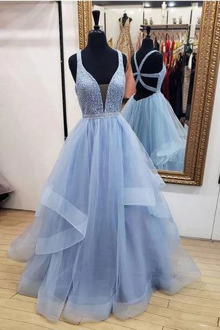 Elegant Ball Gown Lavender V Neck Prom Dresses Tulle Criss Cross Straps Dance Dresses P1325