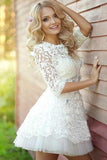 Cute Half Sleeve Lace See Through Short Prom Dresses