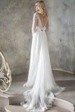 Elegant A Line V Neck Long Sleeve Ivory Lace Backless Beach Boho Wedding Dresses uk PH872
