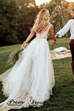 Flowy A Line V-Neck Lace Appliques Beaded Tulle Wedding Dress W1222