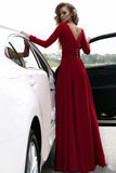 Flowy Long Sleeve V-Neck Chiffon Long Formal Dresses with High Slit Backless Prom Dresses P1101