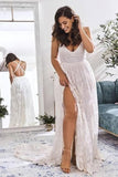 Elegant A Line V Neck Lace Ivory Beach Wedding Dresses with Slit, Bridal Gowns W1244