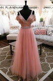 High Fashion A-Line V-Neck Off Shoulder Blush Pink Long Tulle Prom Dresses with Beads PH675