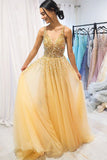 A Line Gold V Neck Beading Tulle Prom Dresses Spaghetti Straps Long Cheap Formal Dress P1340
