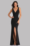 Unique Black V Neck Mermaid Prom Dresses with Slit Simple Evening Dresses XU90817