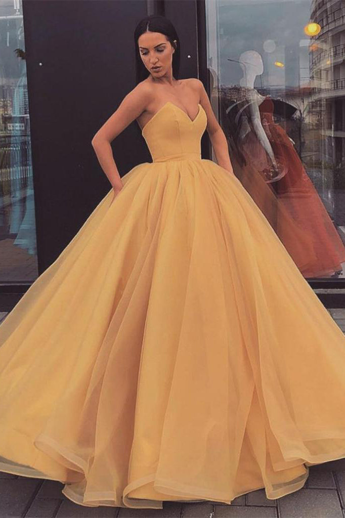 Sweetheart Strapless Yellow Long Modest Prom Gown, Long Ball Gown Quinceanera Dresses P1169