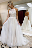 A Line Halter Tulle Wedding Dress with Top Lace, Backless Beach Wedding Dresses W1243