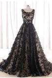 Black Round Neck Tulle Long Beads Lace A-Line Lace up Sleeveless Prom Dresses UK PH396