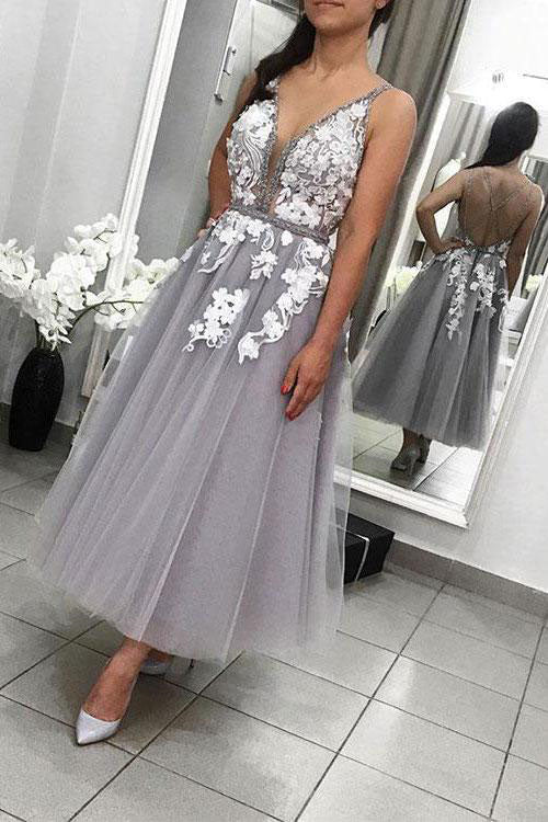 Elegant Gray V Neck Lace Tulle Prom Dresses, Criss Cross Tea Length Hoco Dresses H1046