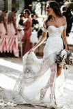 Elegant Sweetheart Lace Strapless Mermaid Ivory Wedding Dresses, Long Bridal Dresses W1265
