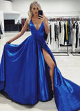Spaghetti Straps Royal Blue V-Neck Satin Prom Dress with High Slit P1291