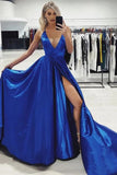 Spaghetti Straps Royal Blue V Neck Satin Prom Dresses with High Slit, A Line Formal Dresses P1291