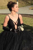 Charming A Line Black Spaghetti Straps Tulle V Neck Prom Dress Long Evening Dress P1416