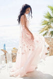 Boho Halter Backless Light Pink Beach Wedding Dresses with Appliques Ruffles W1190