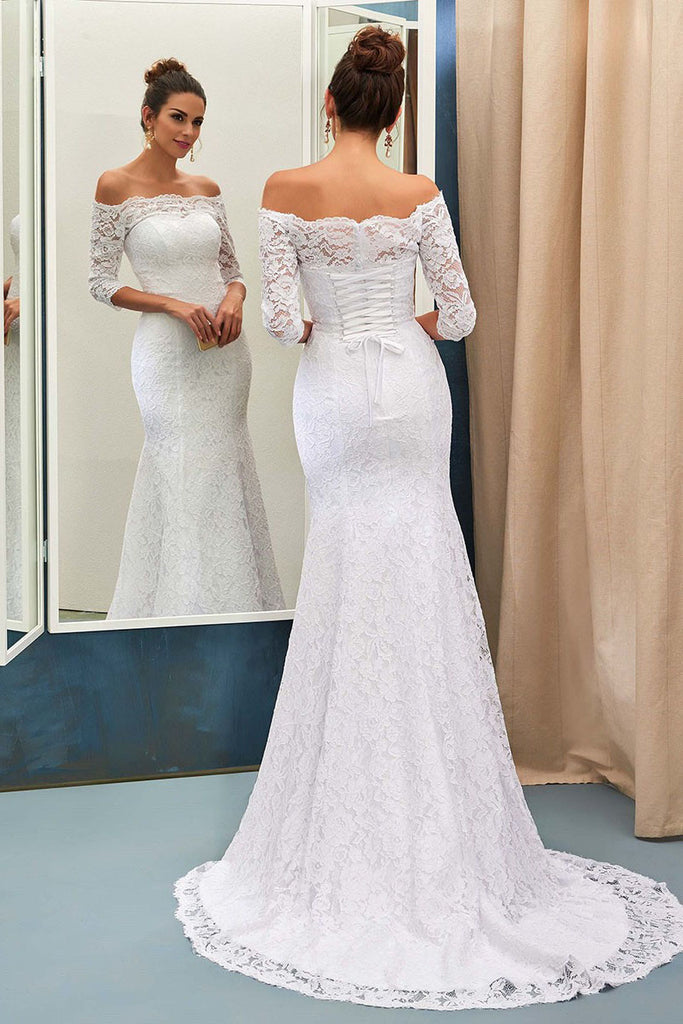 Mermaid Off-the-Shoulder Lace Sweep Train 3/4 Sleeve Top Lace-up Wedding Dresses uk PM634