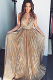 Gold Deep V-neck Prom Dresses Tulle Formal Dresses, Long Cheap Evening Dresses P1117