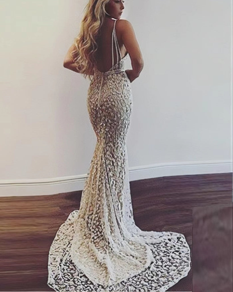 Gorgeous Mermaid Deep V-Neck Spaghetti Straps Sleeveless Long Prom Dress