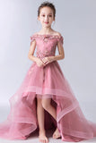 Gorgeous Pink Off the Shoulder With Lace Appliques High Low Tulle Flower Girl Dresses FG1007