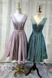 Gorgeous V Neck Knee Length Bridesmaid Dress, Lace up Sequin Homecoming Dresses H1065