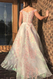 Luxury Off the Shoulder Sweetheart Pink Lace Appliques Prom Dress with Pockets P1458