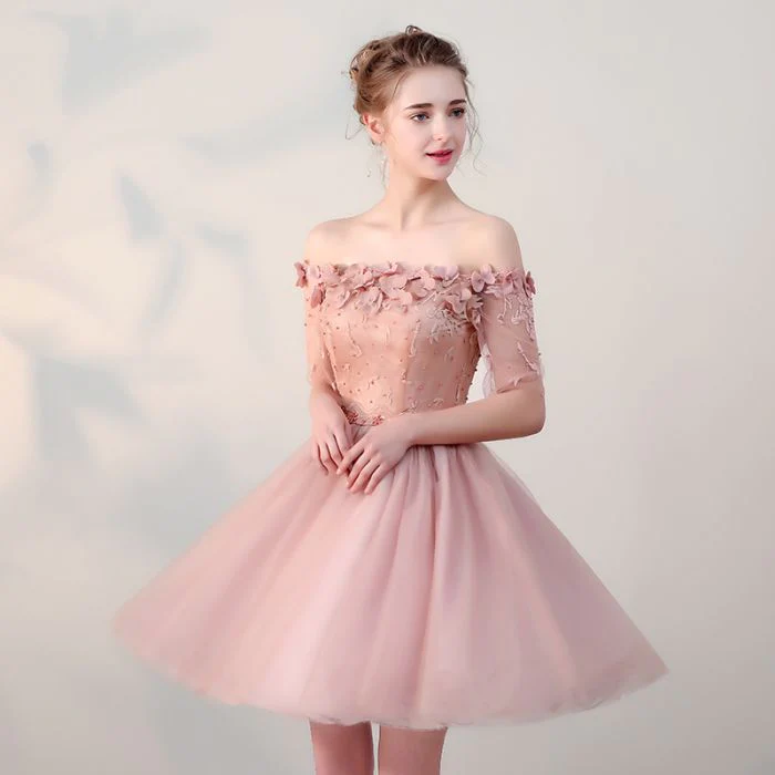 Short Sleeve Pink Beads Flowers Off the Shoulder Above Knee Lace up Homecoming Dress H1012