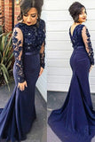 Mermaid Lace Scoop Navy Blue Beads High Neck Long Sleeve Plus Size Prom Dresses uk PW161