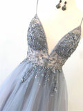 Gorgeous A Line Spaghetti Straps V-Neck Beads Prom Dress with Slit P1470