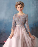 Scoop A-line Pink Chiffon with Silver Lace Appliqued Long 3/4 Sleeves Prom Dresses uk PM311