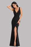 Simple Black V-Neck Sheath Side Slit Evening Dresses XU90817