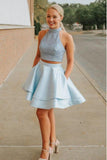 Cute Two Piece High Neck Pockets Satin Short Light Blue Beaded Homecoming Dresses uk PW08